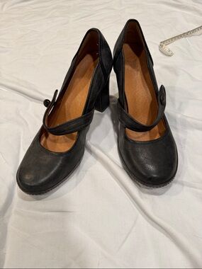 Frye Black Leather Mary Jane Block Heels